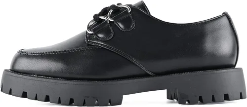 Vista 3 de KEIIYJ Womens Loafers Black Slip on Chunky Fashion Platform Shoes with Sliver D Ring Drawstring Comfortable Round Toe Ladies Business Casual Loafer