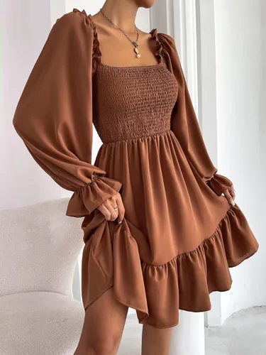 Vista 3 de MakeMeChic Vestido corto de manga larga con volantes y cuello cuadrado para mujer