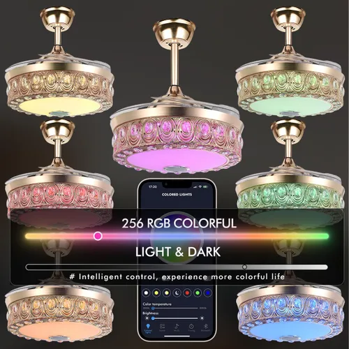 Vista 2 de A Million Ventilador de techo moderno con luz y control remoto, ventiladores de techo retráctiles dorados de 42 pulgadas con altavoz Bluetooth de 3