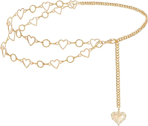 Vista 10 de Cadena de cintura de metal para mujer, cinturón de eslabones ajustables con colgante de corazones de amor Un corazón de oro