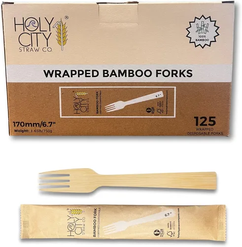 Vista 16 de Juego de cubiertos desechables de bambú envueltos 100 paquetes 1 cuchillo, 1 tenedor, 1 cuchara y 1 servilleta Kraft Utensilios biodegradables