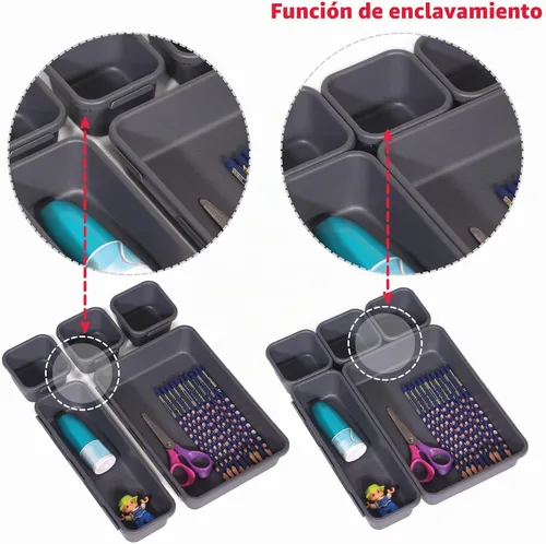 Vista 6 de Juego de 24 separadores de cajones de escritorio entrelazados, separadores de cajones estrechos de plástico poco profundos, contenedores de Negro
