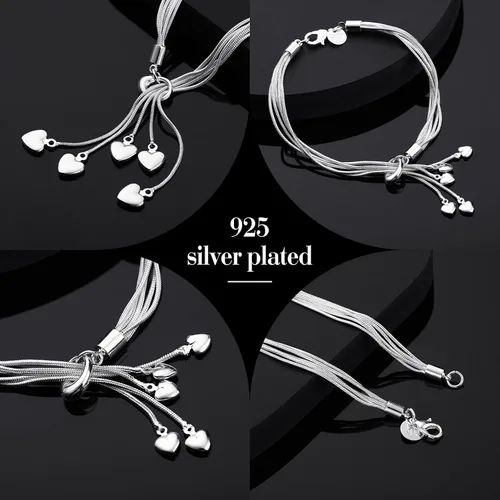 Vista 2 de MTLEE 2 cadenas de cinco líneas con eslabones de cinco corazones pulsera italiana de cinco líneas con collar de amor de cinco corazones collar