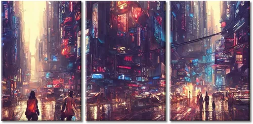 Vista 70 de Cuadros de 3 paneles de Cyberpunk City - Arte de pared de vallas publicitarias de edificios modernos en la capital con obras de arte modernas