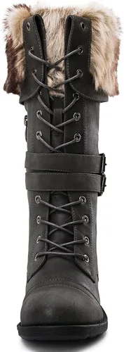 Vista 4 de GLOBALWIN Botas altas de media pantorrilla hasta la rodilla para mujer, botas de combate elegantes con cordones para mujer, tacón bajo