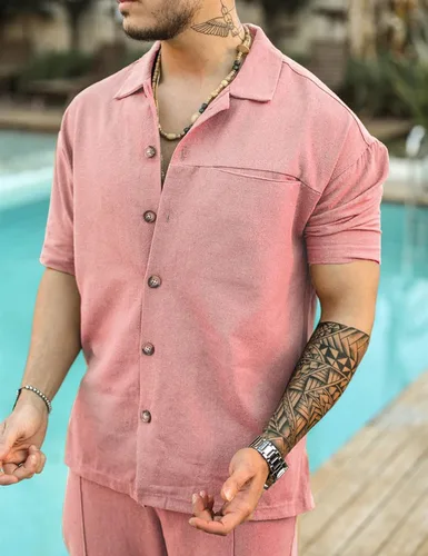 Vista 4 de CHOMOLEZA Conjunto de camisa de manga corta con botones para hombre, pantalones de playa