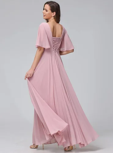 Vista 3 de BEAUTFOR Womens V Neck Batwing Sleeve Ruched Chiffon Bridesmaid Dresses Long Formal Wedding Party Gowns with Pockets BF06