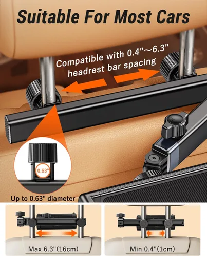 Vista 6 de Soporte para tablet con brazo de extensión para reposacabezas de automóvil, soporte ajustable para iPad para asiento trasero de automóvil, orientado