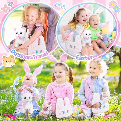 Vista 6 de NINAOR Juguetes interactivos para gatos para niños con bolsas bandolera, peluche de gato con correa para caminar y maullar, juguete de robot gatito