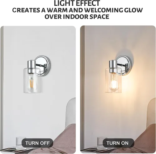 Vista 4 de Apliques de Pared de Baño de 2 Luces con Cristal Transparente, Luces de Pared de Baño Sobre Espejo, Luces de Tocador Cromadas con Base E26
