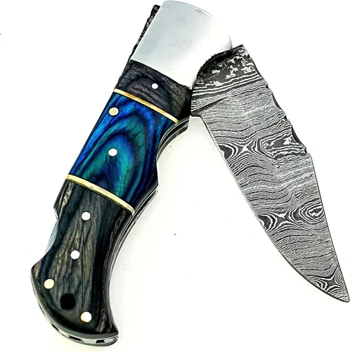 Vista 6 de Cuchillo de bolsillo de acero de Damasco, hecho a mano, cuchillo plegable de alta calidad para hombres, cuchillo al aire libre para camping