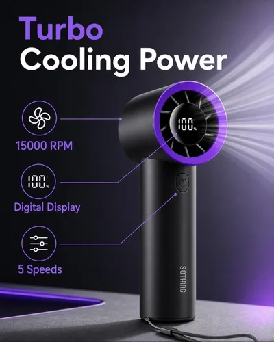 Vista 3 de SOTHING Ventilador de mano portátil - Ventilador turbo de mano de 15000 RPM para viajes con alta velocidad, batería de 11 horas de duración