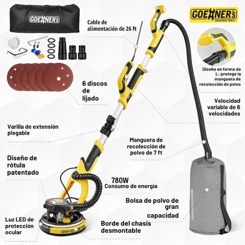 Vista 6 de Lijadora de paneles de yeso, lijadora eléctrica para paneles de yeso con vacío, eliminación automática de polvo, 7 velocidades variables, 900-1800