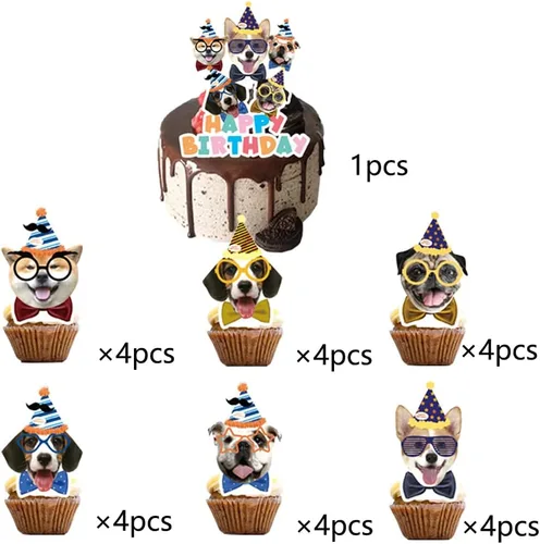 Vista 2 de 25 piezas de suministros de fiesta de cumpleaños para perros y mascotas, decoración de cupcakes para niños, regalos de fiesta de cumpleaños