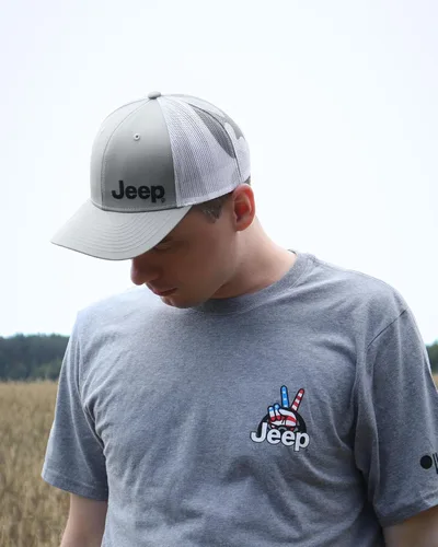Vista 8 de Jeep Logotipo de texto premium con malla de camuflaje Trucker Dads Hat para hombre, gorra de béisbol, sombrero de polo Camuflaje gris jaspeado