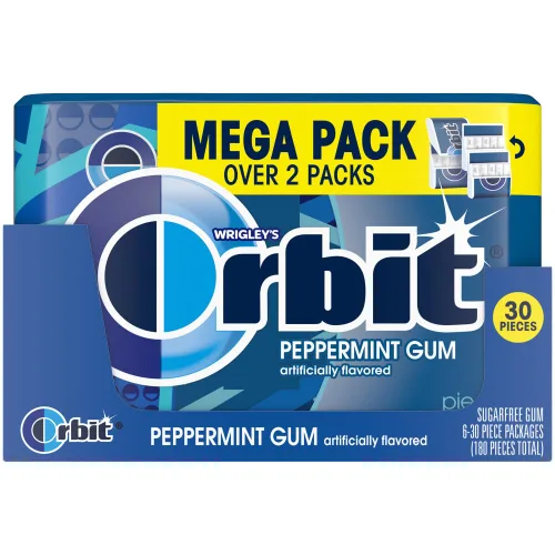 Vista 3 de ORBIT Goma de mascar de menta sin azúcar envuelta individualmente menta mega paquetes, 6 unidades, caja a granel de 30 piezas