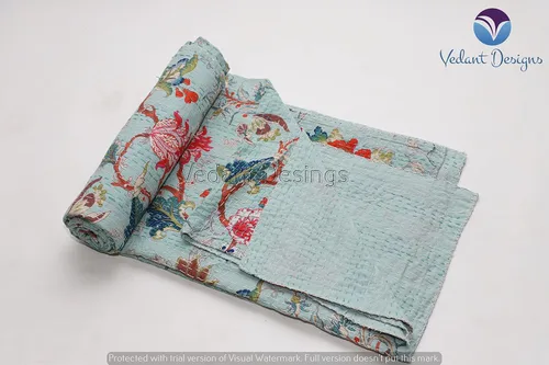 Vista 2 de Colcha Kantha de algodón puro hecho a mano con bloques indios y florales, tamaño individual/queen, colcha bohemia Kantha (verde claro, Queen)