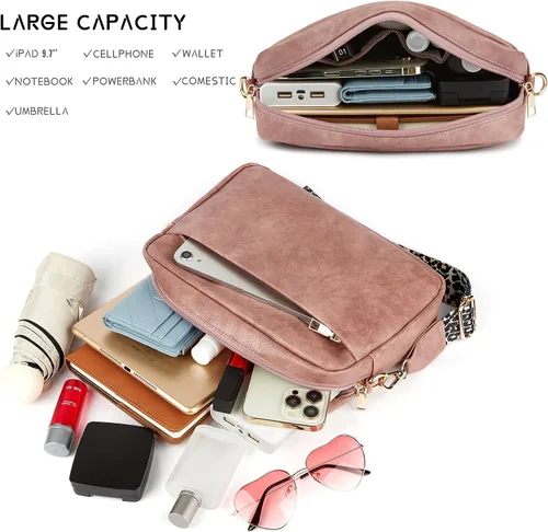 Vista 4 de Bolso cruzado de cuero para mujer con cremallera y hombro para cámara