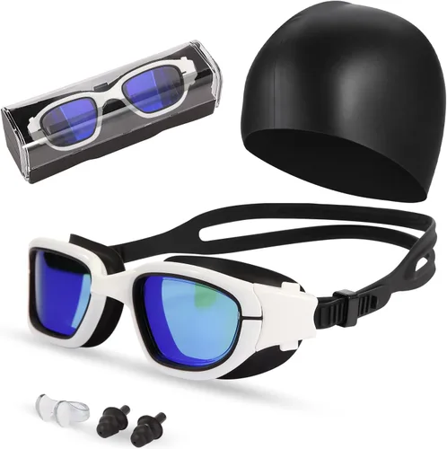 Vista 14 de Gafas de natación, gafas para adultos con gorro de natación, clip de nariz y tapones para los oídos, protección UV, lente antivaho y funda