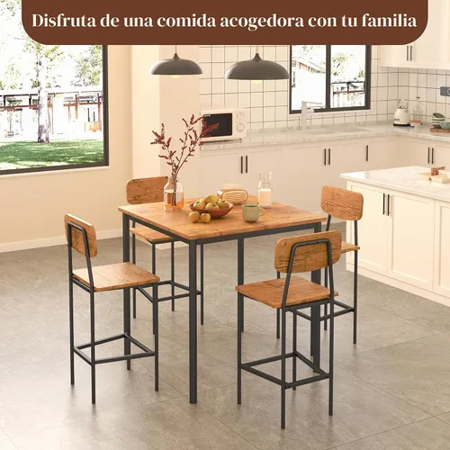 Vista 5 de Juego de mesa de comedor para 4, mesa de cocina de 5 piezas con sillas, juego de comedor industrial resistente que ahorra espacio para pub, cenas
