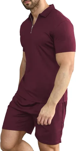 Vista 2 de YTD Conjunto de camisa polo y pantalones cortos casuales de manga corta para hombre, conjunto de dos piezas de verano con cremallera para hombre
