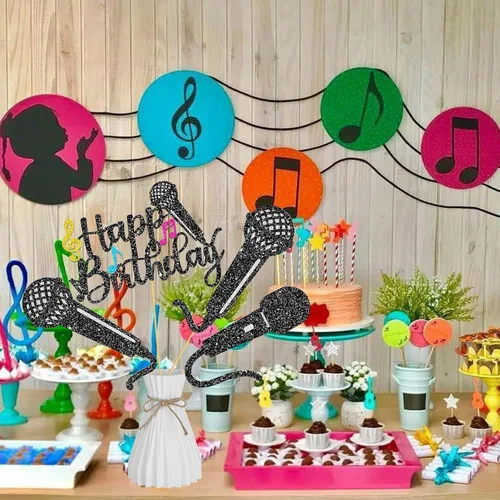 Vista 9 de Palitos de centro de mesa de micrófono con purpurina para decoración de mesa de fiesta, 16 piezas de música KTV, centros de mesa para cumpleaños