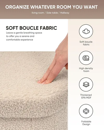 Vista 5 de B FSOBEIIALEO Otomana de Almacenamiento para Dormitorio, Reposapiés Otomano Plegable de Almacenamiento Boucle, Cubo Otomano Plegable Pequeño de Beige
