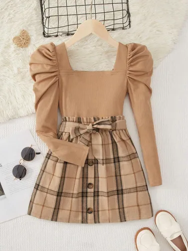 Vista 6 de Floerns Conjunto de camiseta de cuello alto de 2 piezas para niñas con minifalda a cuadros