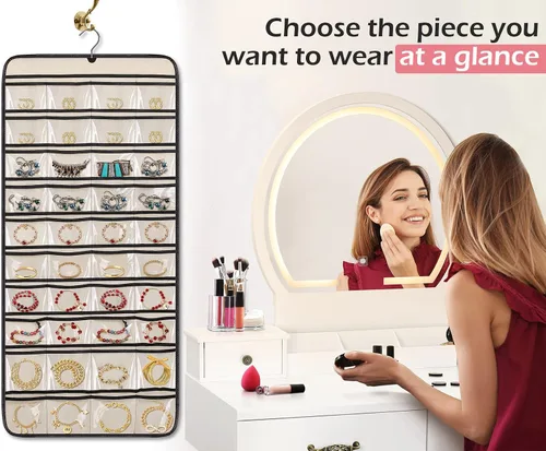 Vista 5 de MISSLO Organizador de joyas colgante de doble cara con 40 bolsillos y 20 ganchos y bucles, soporte para collar de armario para aretes, pulsera