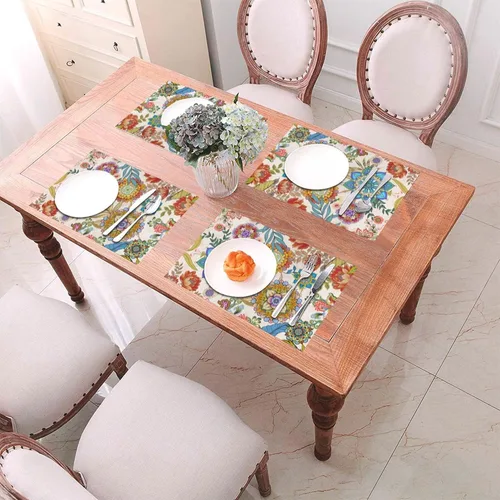 Vista 7 de Juego de 4 manteles individuales florales bohemios de lino de 12 x 18 pulgadas, manteles individuales de flores coloridas para cocina, mesa