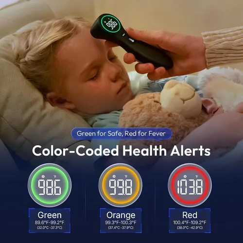 Vista 6 de Termómetro sin contacto para adultos y niños, lectura rápida de 1 segundo, alarma de fiebre codificada por colores, modo silencioso, función