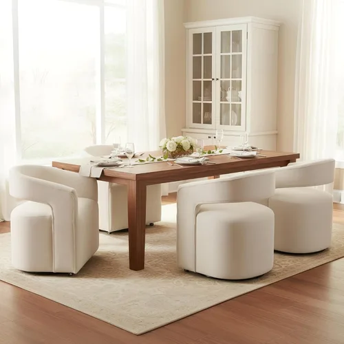 Vista 9 de DUOMAY Silla de comedor tapizada moderna con ruedas giratorias, juego de 1, silla auxiliar con respaldo de barril de lino, silla de tocador