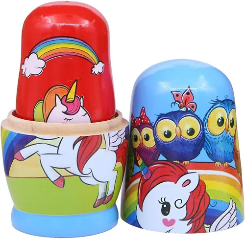 Vista 2 de Winterworm Juego de 6 muñecas rusas de madera con diseño de unicornio para decoración del hogar, juguetes apilables para cumpleaños