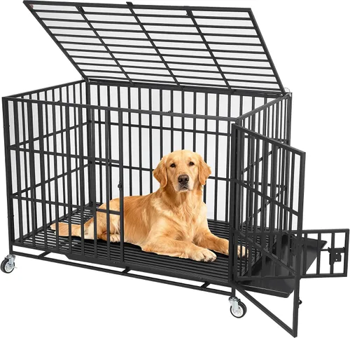 Vista 9 de Jaula para perros resistente a prueba de escapes, perrera de metal XL con 3 puertas, bandeja extraíble y ruedas, jaula interior segura e