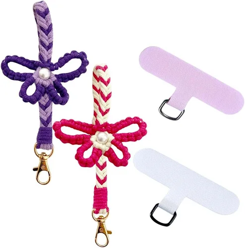 Vista 7 de VIOKKO Correa de muñeca de macramé bohemio para teléfono, cordón para teléfono celular con lengüeta de sujeción, pulsera con soporte para correa