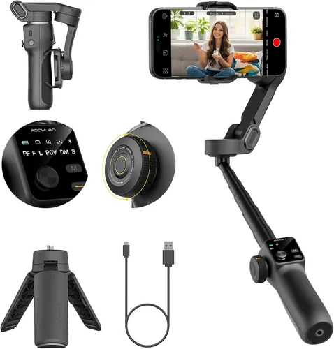 Vista 9 de AOCHUAN Estabilizador de cardán para iPhone con control remoto Bluetooth, estabilizador de teléfono de 3 ejes con barra de extensión de 7.8 Negro