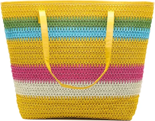 Vista 14 de Bolso grande de paja para mujer, tejido de ratán, bolso de playa de verano, a rayas