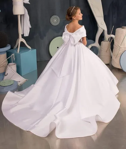 Vista 2 de Flower Girl Dress Off Shoulder-Satin First Communion Dress Bow Knot Girls Ball Gowns