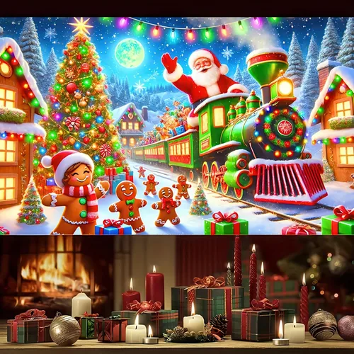 Vista 6 de BlissYard Telón de fondo de tren de Papá Noel, 71 x 43 pulgadas, pancarta de escena de Navidad de pan de jengibre, fondo de fotos para fiestas