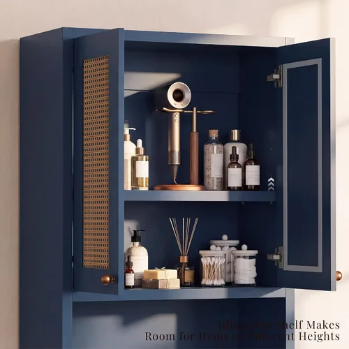 Vista 3 de Over the Toilet Storage Cabinet with Rattan Door & Adjustable Shelf, Blue