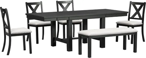 Vista 8 de RuiSiSi 6 Piece Solid Wood Dining Table Set, Farmhouse Extendable Kitchen Table with a Bench and 4 Padded Chairs, 4-6 Dining Table Set with Bench
