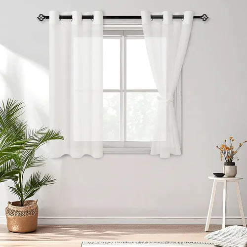 Vista 148 de DWCN Cortinas traslúcidas color verde frijol para sala de estar y dormitorio - Cortinas voile con aspecto de lino sintético con ojales en la parte
