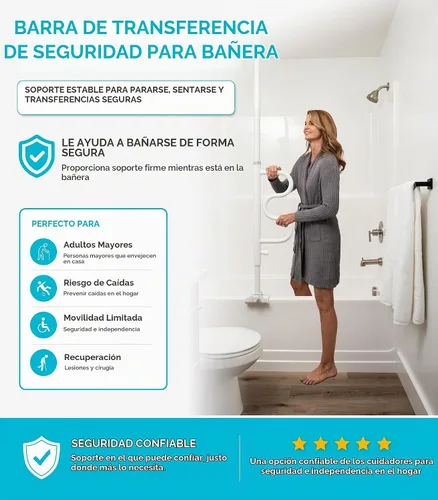 Vista 2 de Stander Wonder - Poste de bañera con barra de seguridad y barra de agarre curva, mango de ducha ajustable para bañeras, abrazadera en el riel