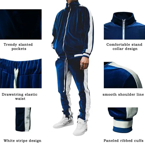 Vista 4 de KISSQIQI Chándal de 2 piezas con cremallera completa para hombre, trajes deportivos de terciopelo dorado, trajes casuales, chaqueta y pantalones