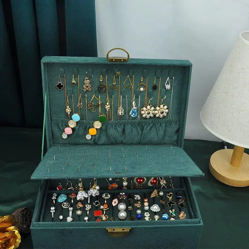 Vista 7 de GYJOYERO Joyero organizador de aretes de joyería para mujeres y niñas, 4 capas con cajones, collares, anillos, relojes, vitrina, almacenamiento