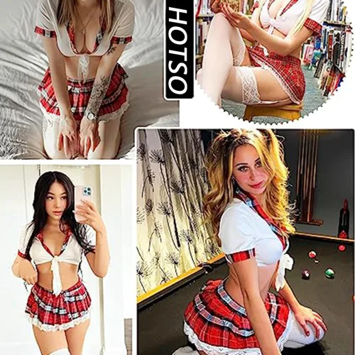 Vista 7 de Disfraz de falda a cuadros para mujer, talla grande, disfraz de estudiante, traje de enfermera, lencería sexy para juegos de rol, babydoll