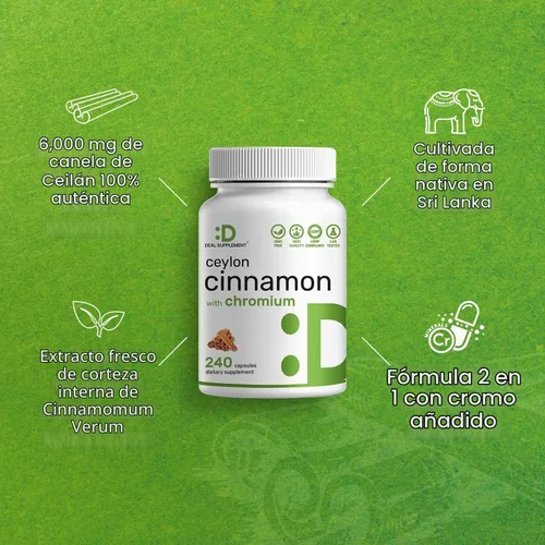 Vista 6 de Canela de Ceilán con Cromo 1000mcg, 240 Cápsulas Extracto de corteza interna activa, verdadera fuente de Sri Lanka Suplementos naturales