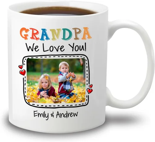 Vista 25 de Taza de café de cerámica con texto en inglés «Best Grandpa Add Photo », regalos para abuelo, abuelo, papá, amapola, Día del Padre, taza de café