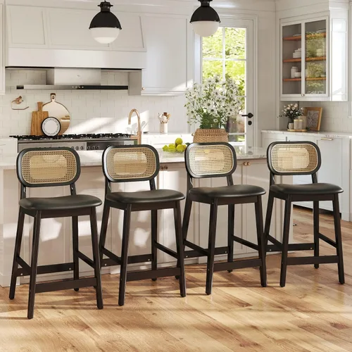 Vista 10 de ROCITY - Juego de 2 taburetes de ratán negro, taburetes de bar de madera de granja, taburetes de bar tapizados, sillas de isla de cocina