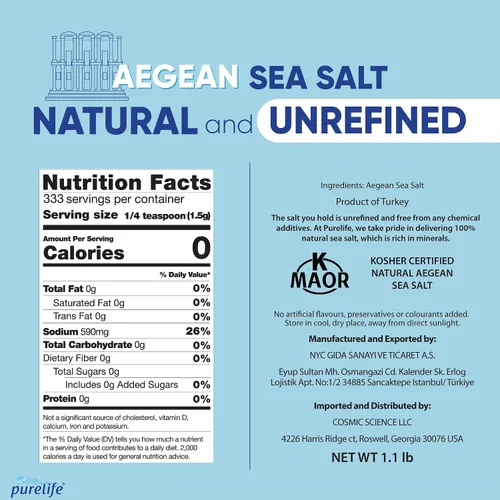 Vista 2 de Purelife Sal marina gruesa del Egeo – Sal marina orgánica, sin refinar, con cristales ricos en minerales para recambio de molinillo Kosher